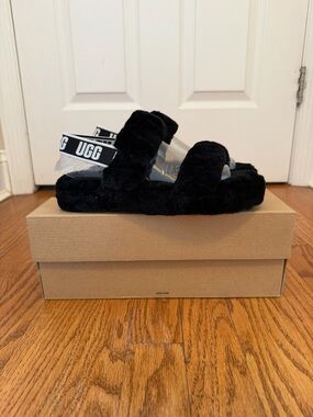 UGG Black Plush Double-Strap Slide Sandals with Branded Heel Strap